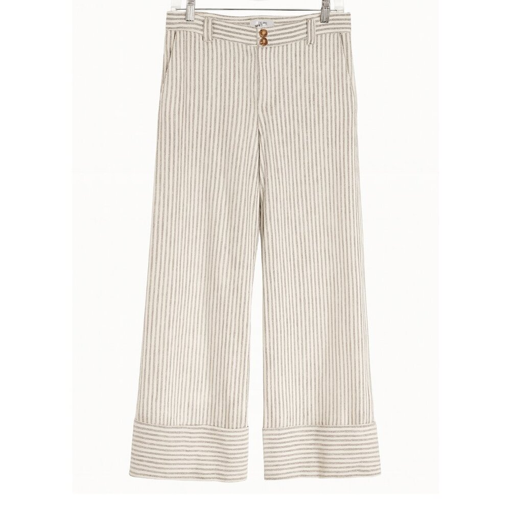 J.Jill Wide Leg Pants Beige Striped Womens XS Linen Blend High Rise Cuffed Hem